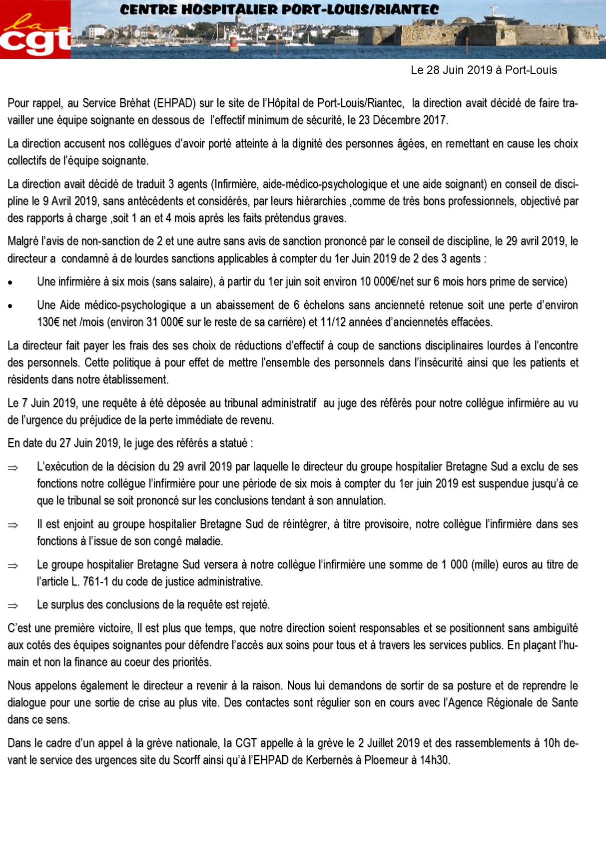 Communiqué CGT CHPLR 28 JUIN 2019